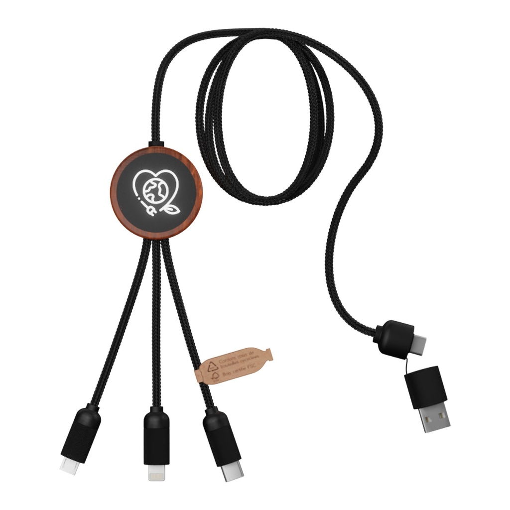 SCX.design C37 5-in-1 rPET light-up logo charging cable with round wooden casing