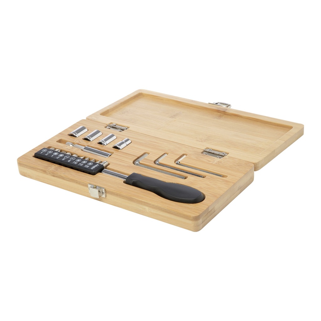 Rivet 19-piece bamboo/recycled plastic tool set