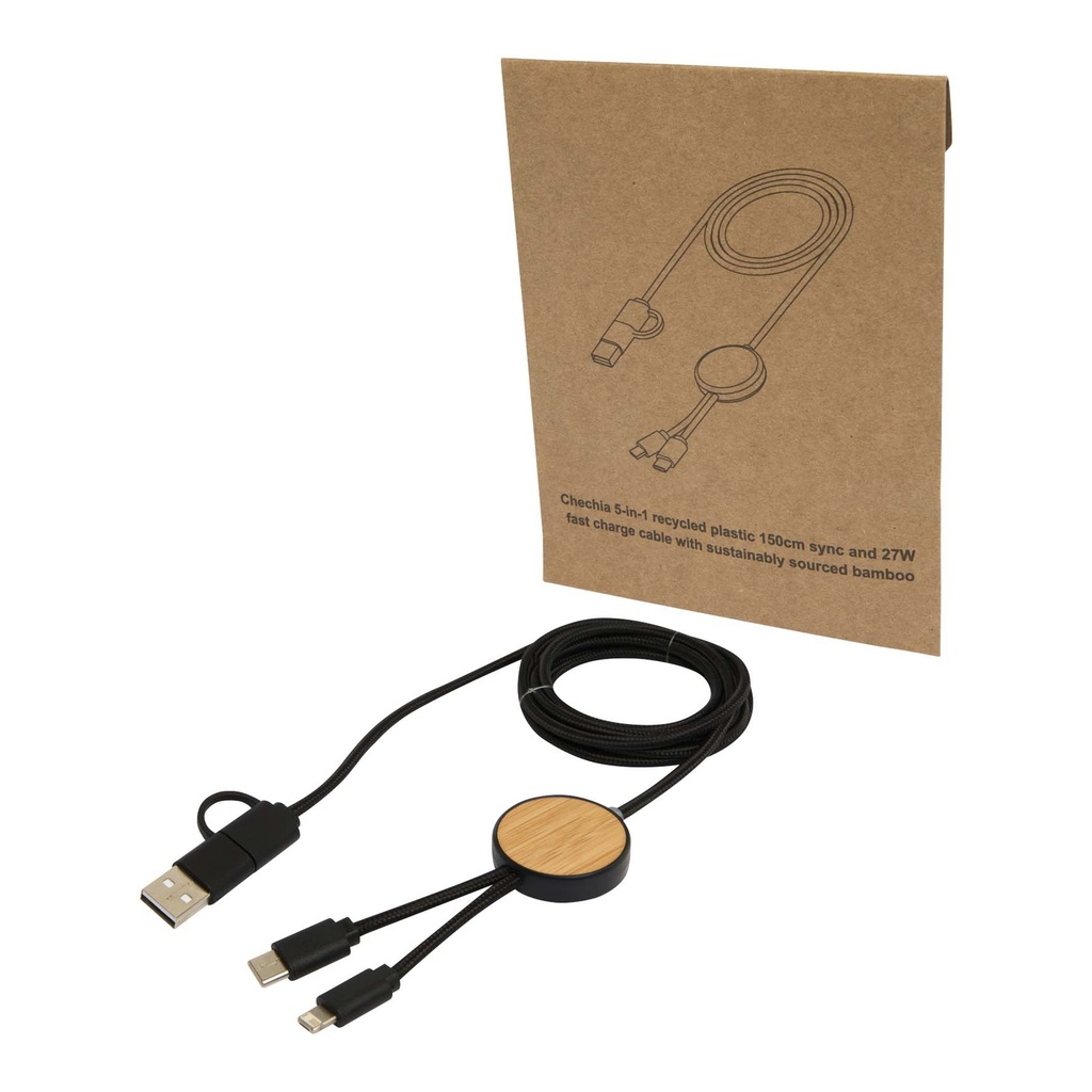 Chechia 5-in-1 recycled plastic 150 cm data sync and 27W fast charge cable with bamboo details