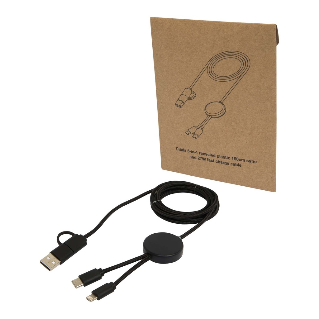Citala 5-in-1 recycled plastic 150 cm data sync and 27W fast charge cable