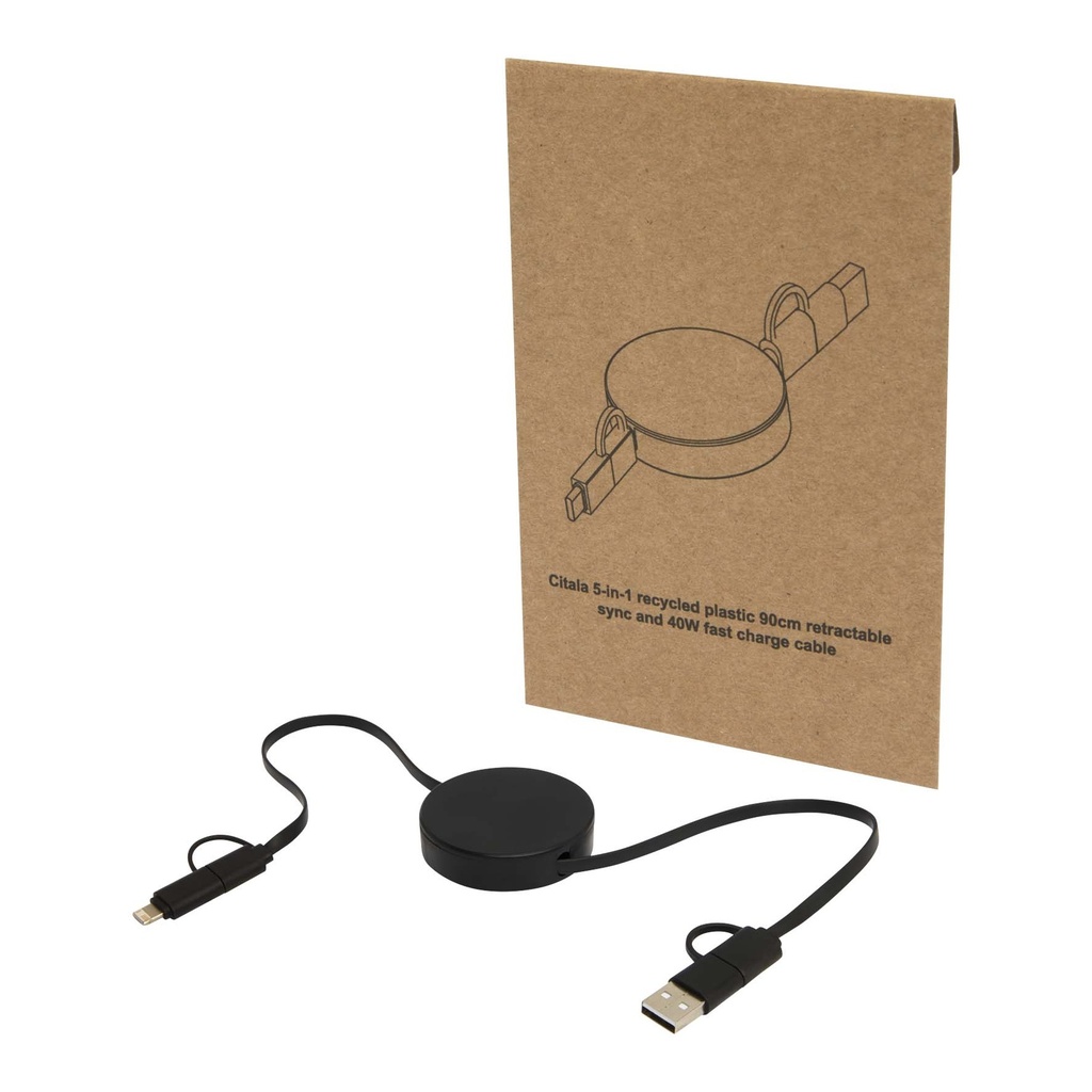 Citala 5-in-1 recycled plastic 90 cm retractable data sync and 40W fast charge cable