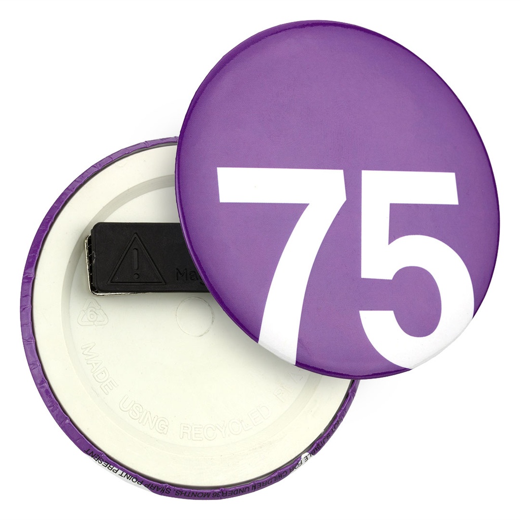 75mm Button Badge with Recycled Plastic Back and Magnet Fitting