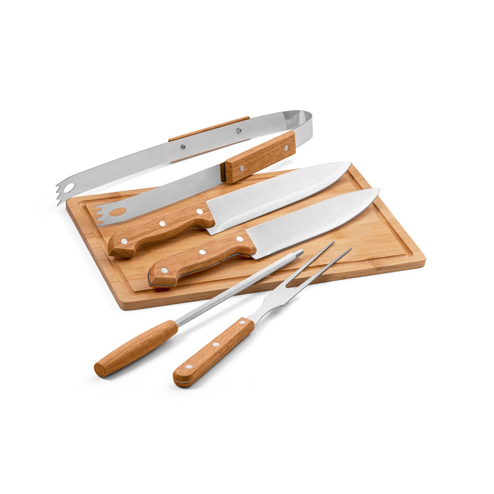FLARE. Five-piece wooden and stainless steel barbecue set with bamboo board