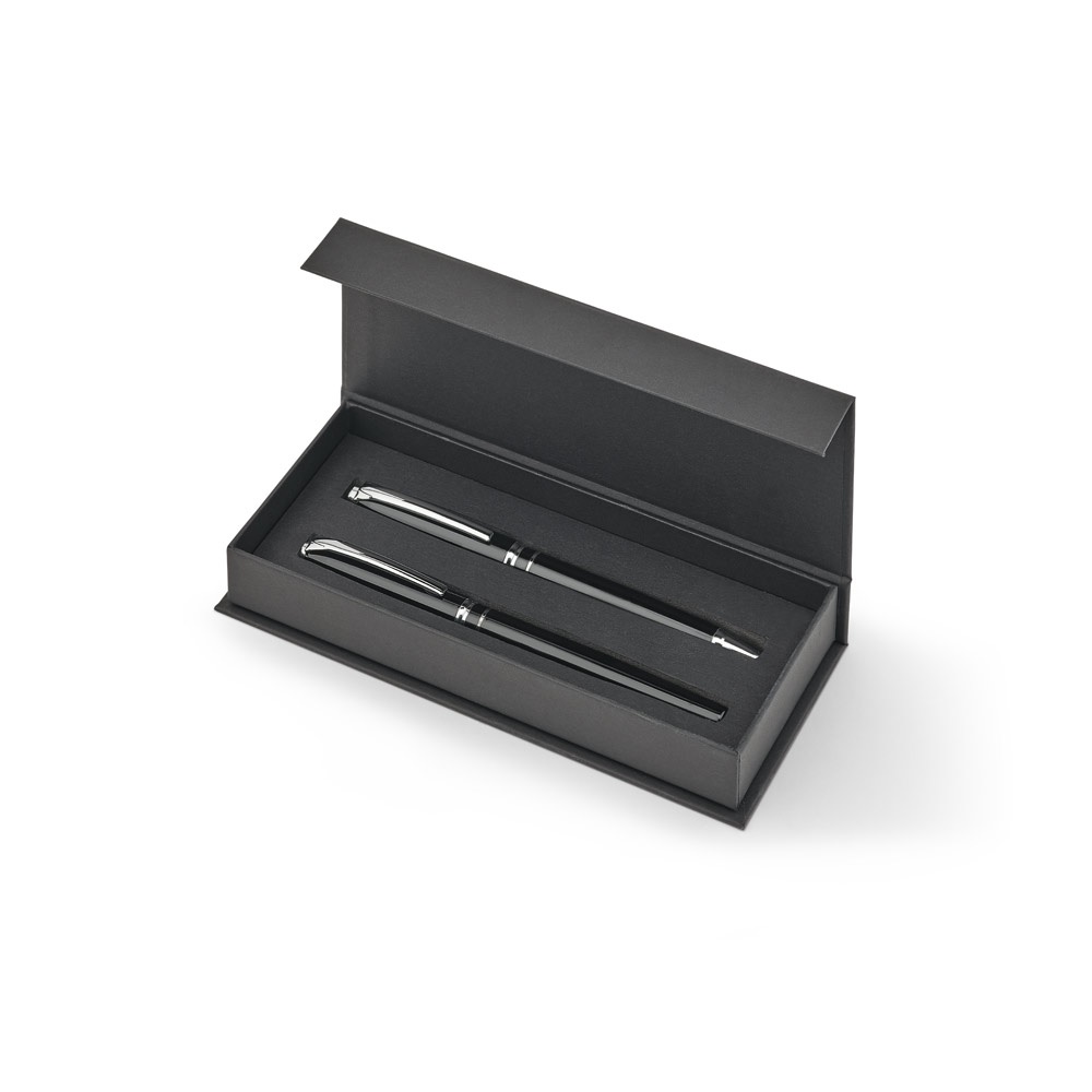 SARAMAGO. Premium set comprising 1 ballpoint pen and 1 rollerball pen in copper and stainless steel, with blue ink