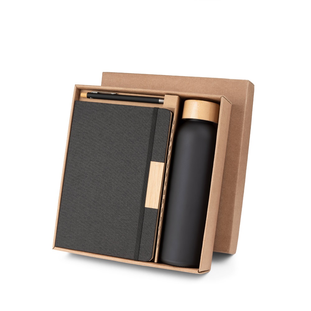SCLIAR. Set comprising 1 ballpoint pen, 1 notepad and 1 bottle, made from recycled PET, recycled aluminium and bamboo