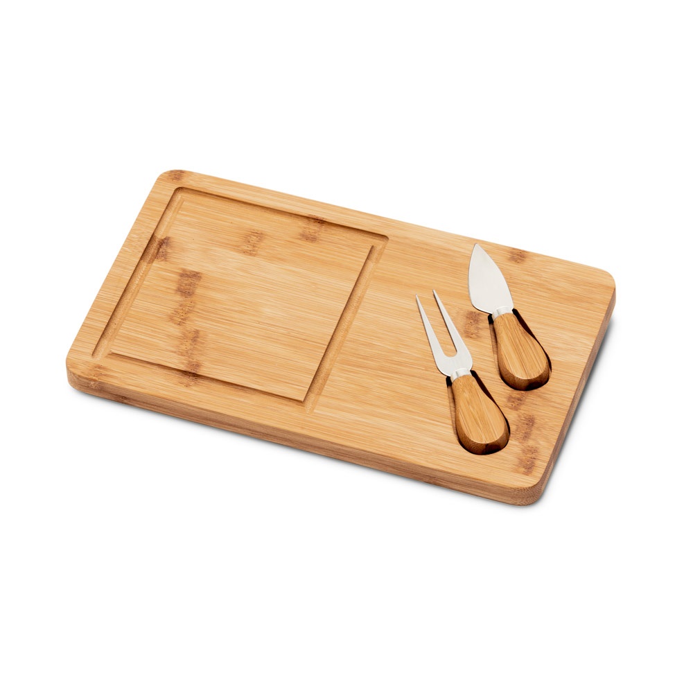 WOODS. Bamboo cheese board with 2 bamboo and stainless steel accessories