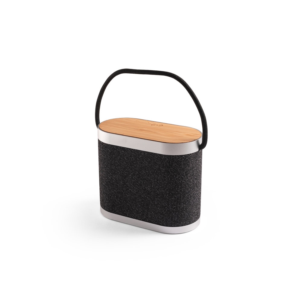 GUETTA. 5W portable speaker with super-fast 15W wireless charger and 2h battery life made of bamboo and recycled PET (100% rPET)