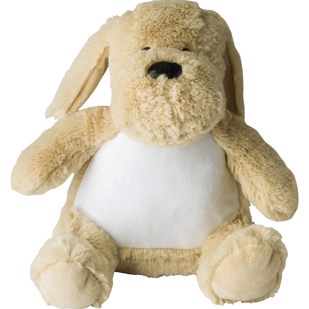 Plush dog with tag