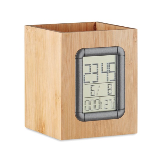 [MO6289-40] Bamboo Pen Holder And Lcd Clock