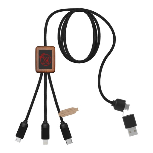 SCX.design C38 5-in-1 rPET light-up logo charging cable with squared wooden casing