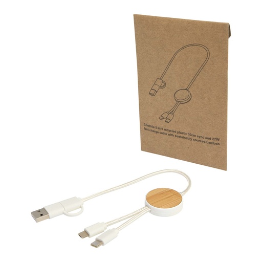 Chechia 5-in-1 recycled plastic 30 cm data sync and 27W fast charge cable with bamboo details