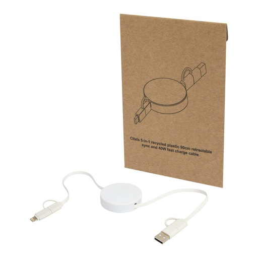 Citala 5-in-1 recycled plastic 90 cm retractable data sync and 40W fast charge cable