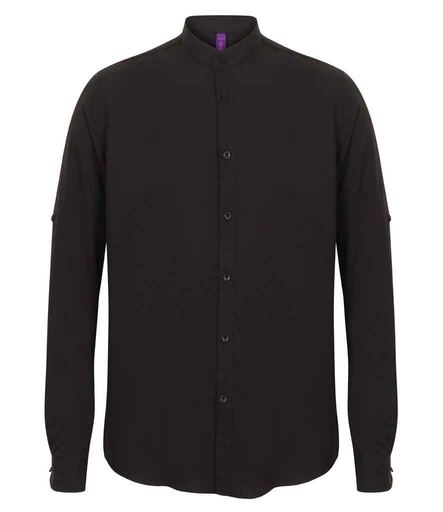 [H592 BLK] Henbury Mandarin Roll Sleeve Anti-Bac Wicking Shirt