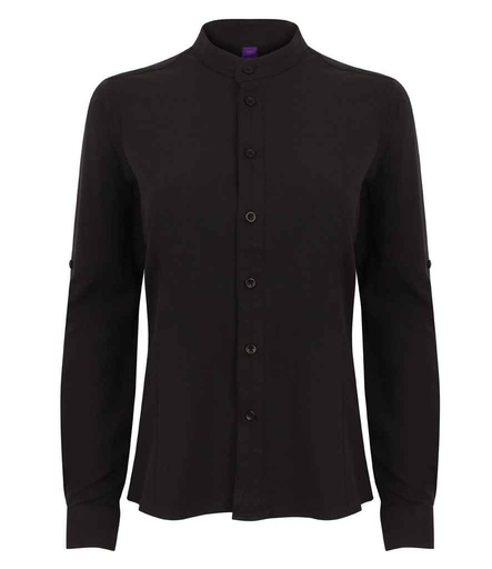 [H593 BLK] Henbury Ladies Mandarin Roll Sleeve Anti-Bac Wicking Shirt