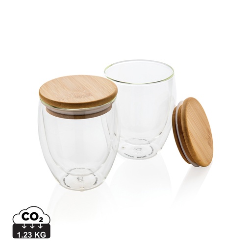 [P432.140] Double wall borosilicate glass with bamboo lid 250ml 2pc set