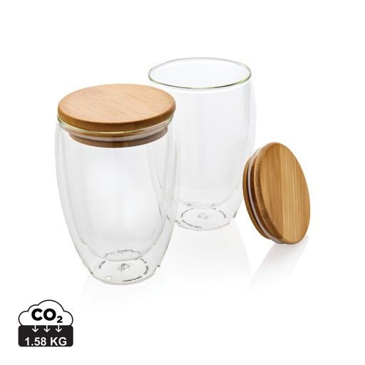 [P432.270] Double wall borosilicate glass with bamboo lid 350ml 2pc set